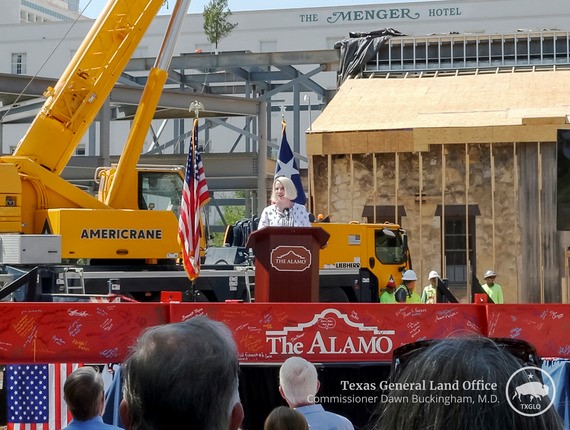 Texas Land Commissioner Dawn Buckingham, M.D., speaks at the Topping Out Ceremony for the Texas Cavaliers Education Center at The Alamo