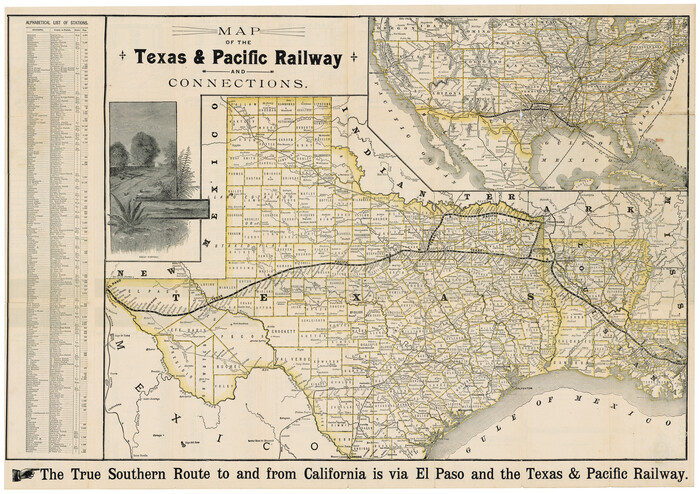 A vintage map of the Texas and Pacific Railway.