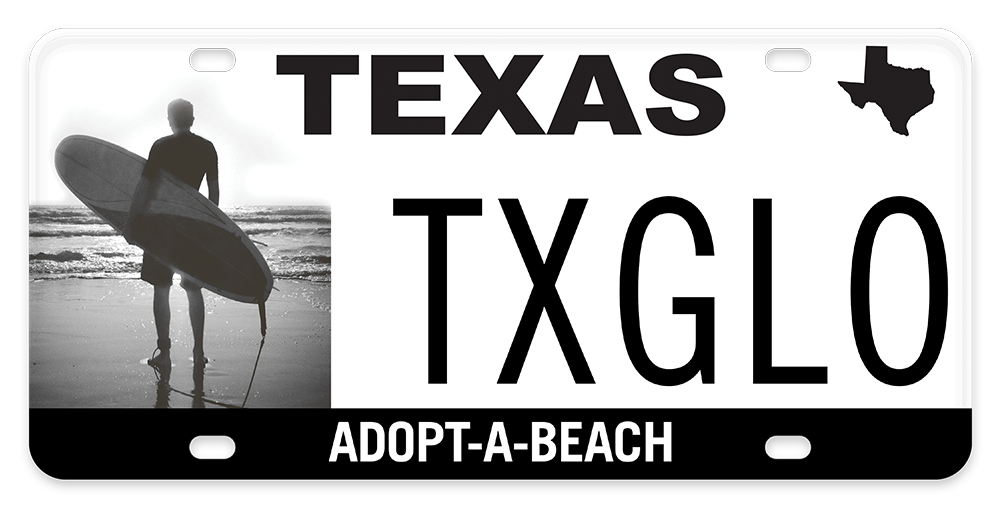 Black and white Texas License plate with image of surfer on it