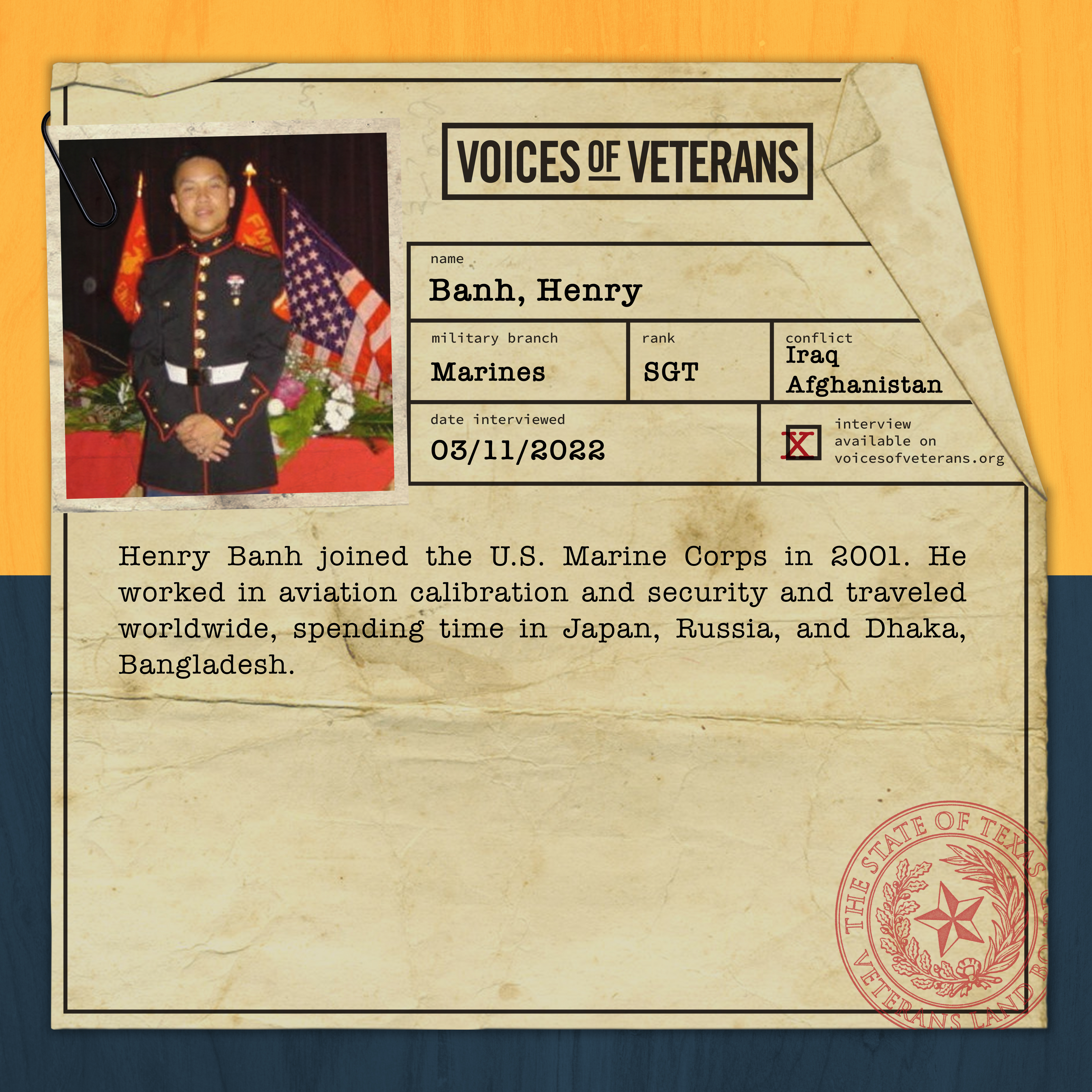 U.S. Marine Corps Veteran Sergeant Henry Banh