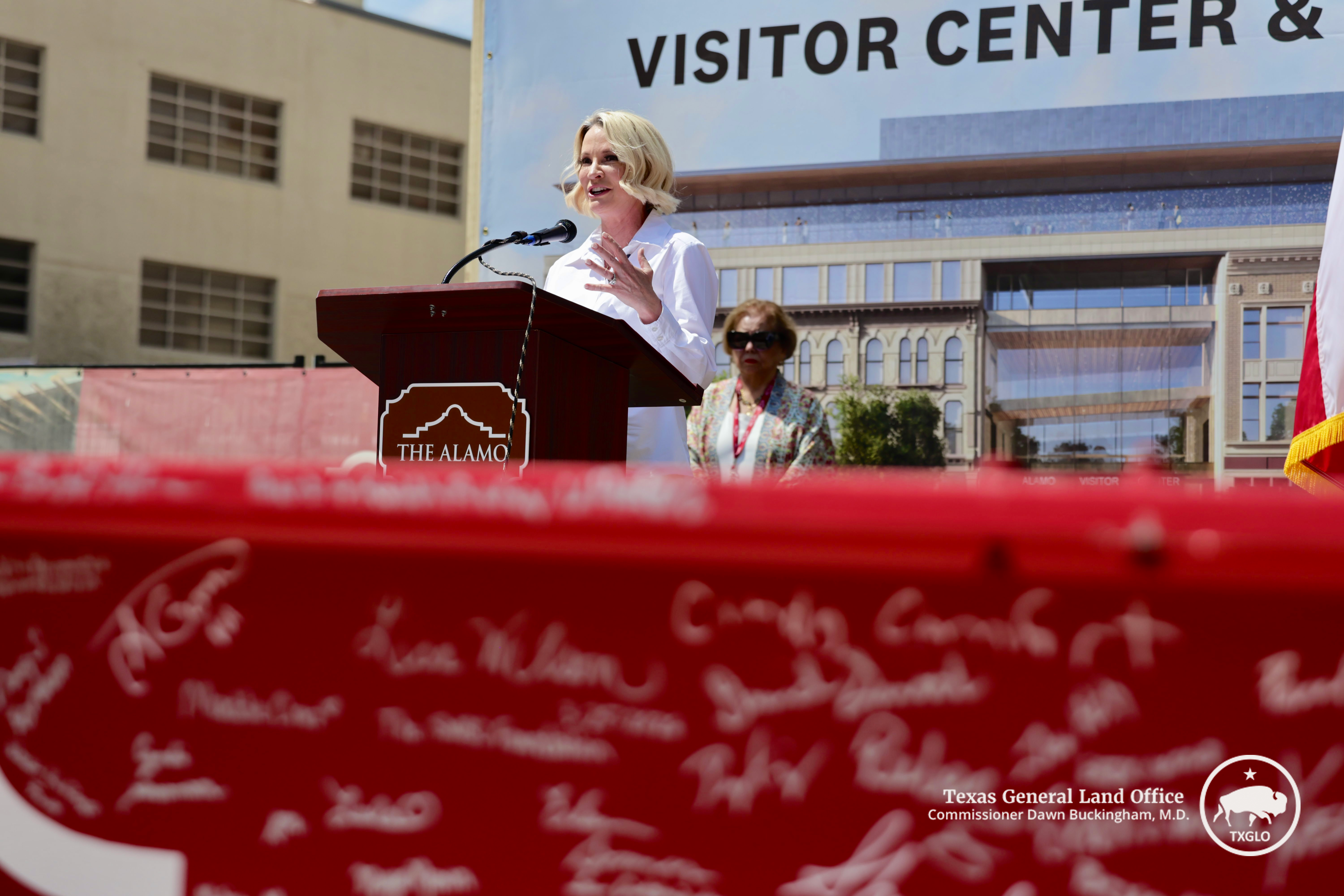 Land Commissioner Dawn Buckingham, M.D., speaks at the Topping-Out Ceremony for the Alamo Visitor Center and Museum