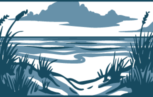 A blue and white illustration of the coast with water, grass, and sand. In the sky there are clouds.