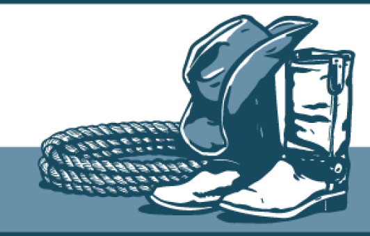 A blue and white illustration of rope, a pair of boots, and a cowboy hat resting on top of the boots.