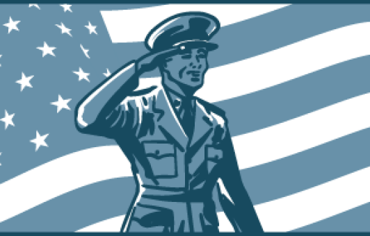A blue and white illustration of a service member in uniform saluting with the USA flag in the background.
