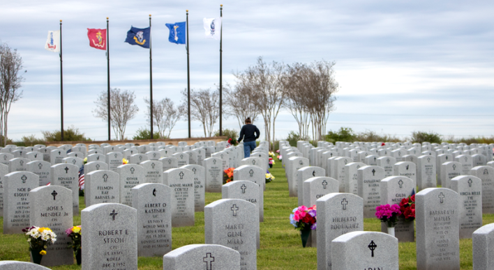 Corpus Christi Cemetery view of rows of head stones with trees and flags in background
