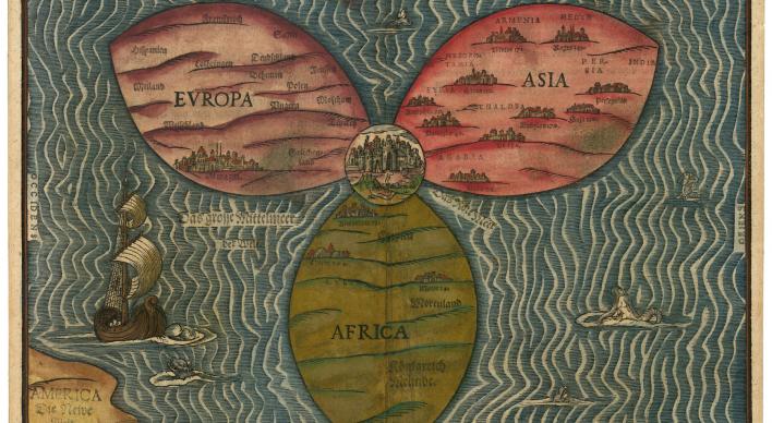 An old map depicting Europe, Asia and Africa as 3 ovals radiating from a center circle with ocean all around.